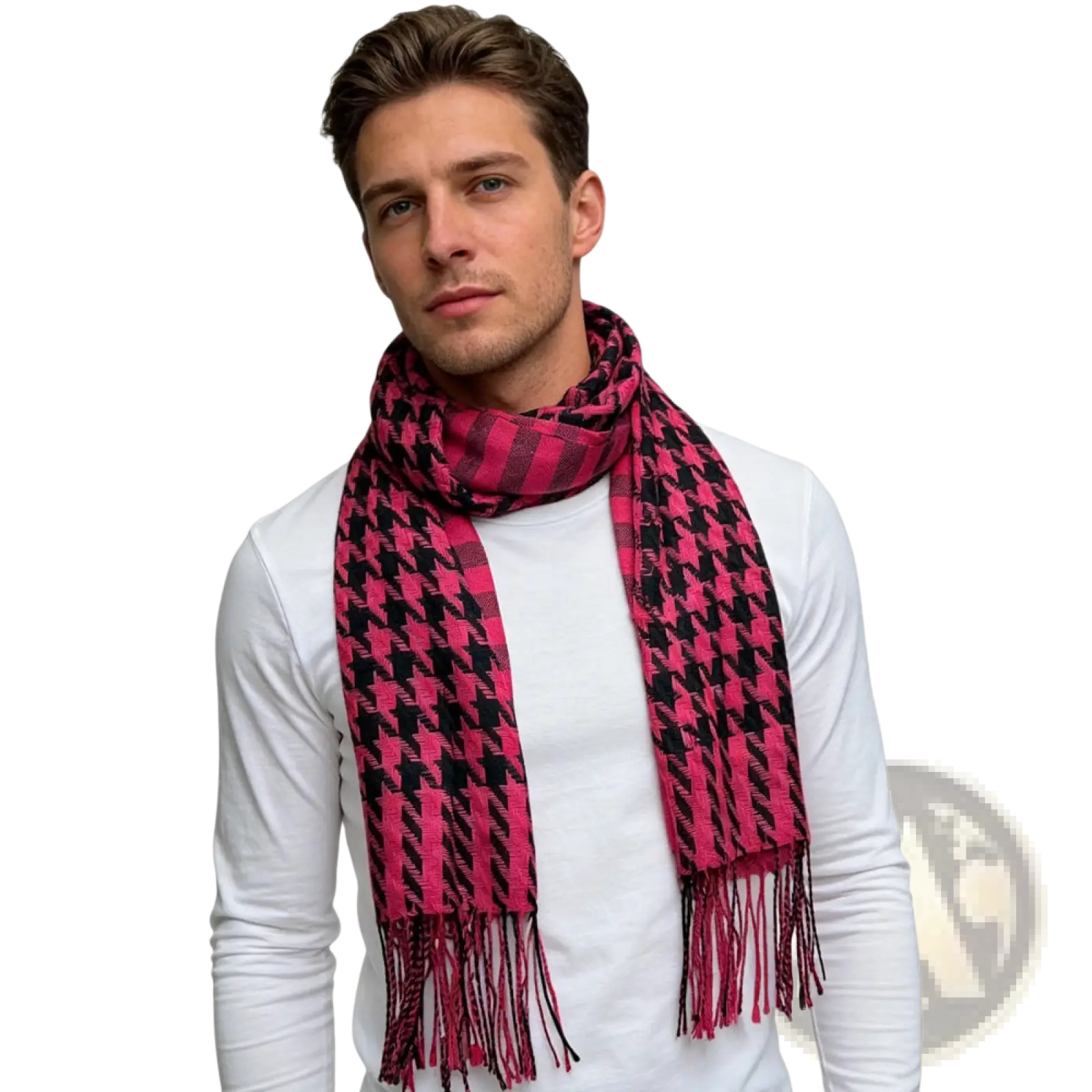 A pink and black houndstooth jacquard winter scarf with fringed ends made from soft fabric