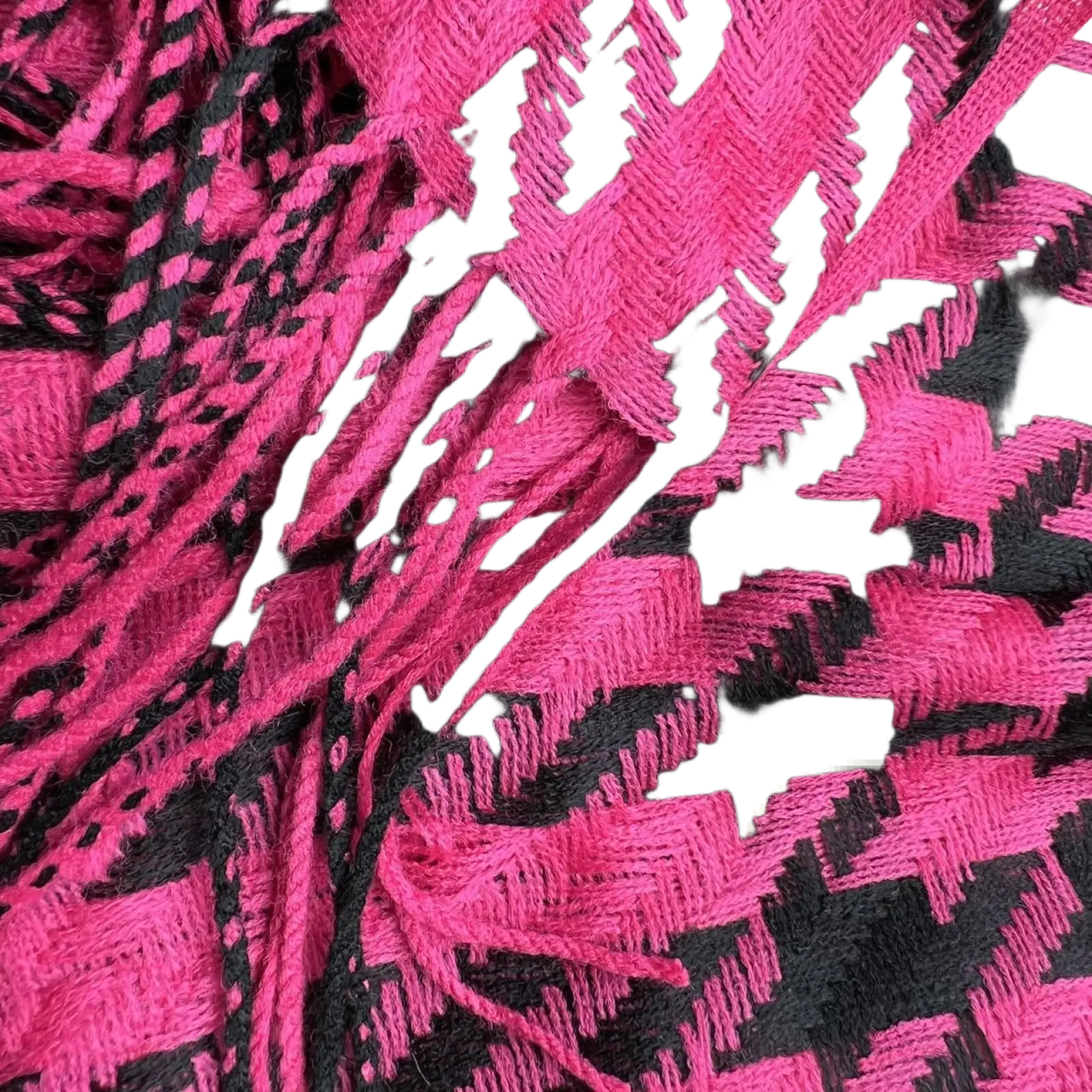 A vibrant pink and black jacquard winter scarf featuring a bold houndstooth geometric pattern woven in soft fabric