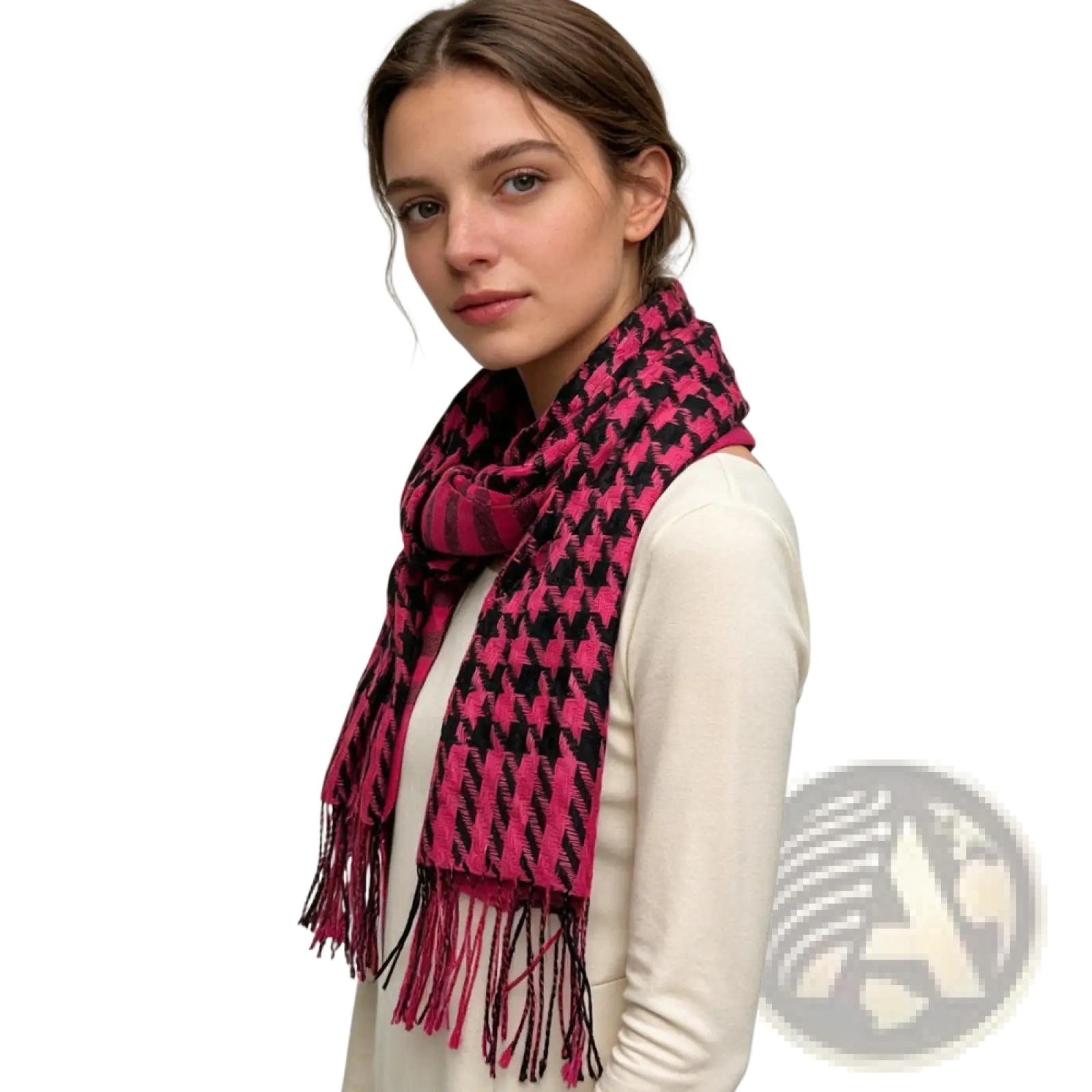 A vibrant pink and black houndstooth jacquard winter scarf with fringed ends for cold weather use