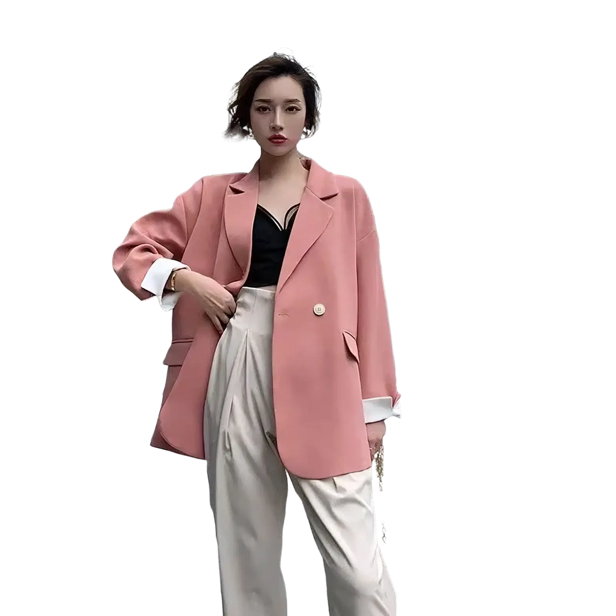 Pink blazer with white cuffs and a single button closure made from smooth fabric for formal and casual wear