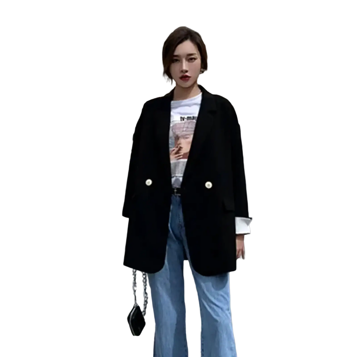 Black blazer with white button accents and rolled-up cuffs contrasting the pink blazer with white cuffs