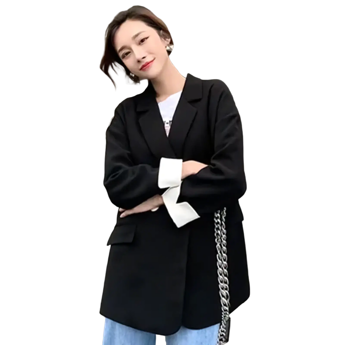 Black blazer with white ribbon cuffs and a silver chain strap featured in a pink blazer with white cuffs product