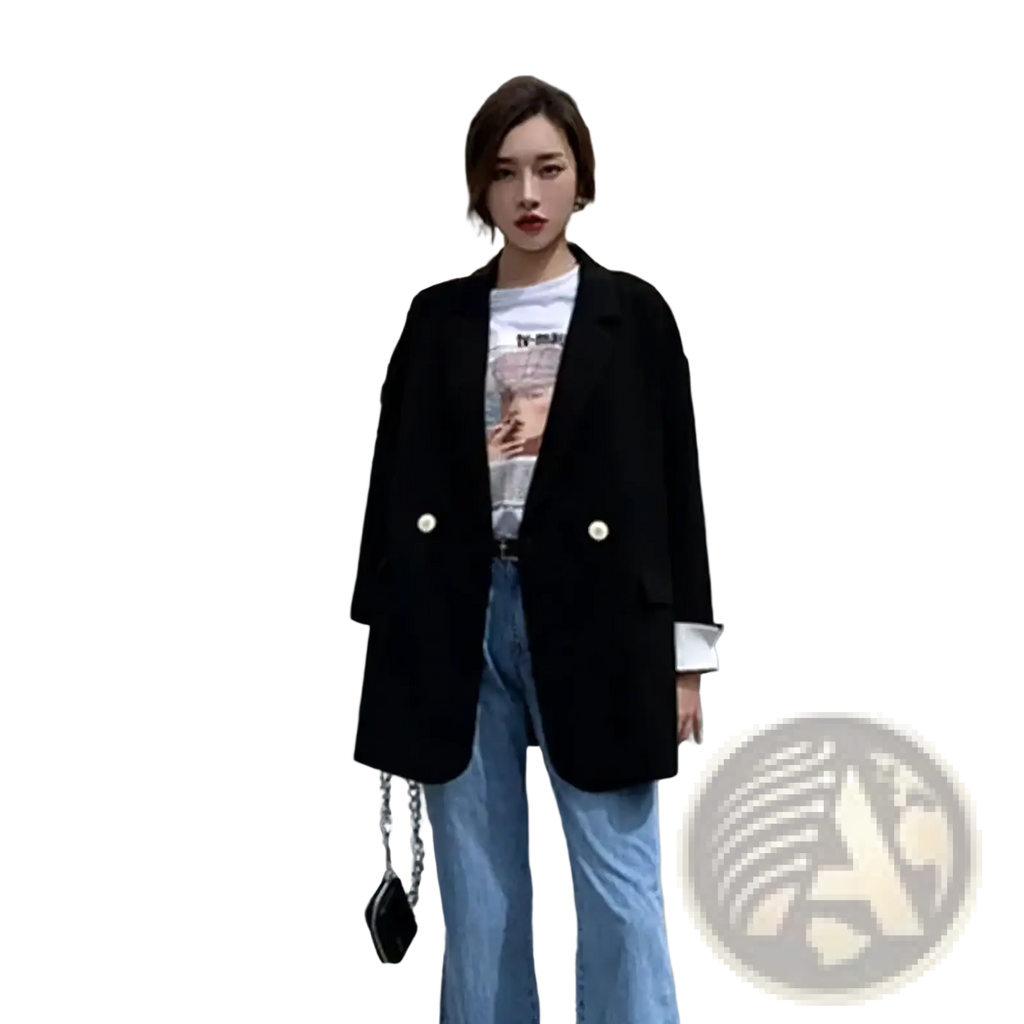 Black blazer with white button accents and rolled-up cuffs contrasting the pink blazer with white cuffs