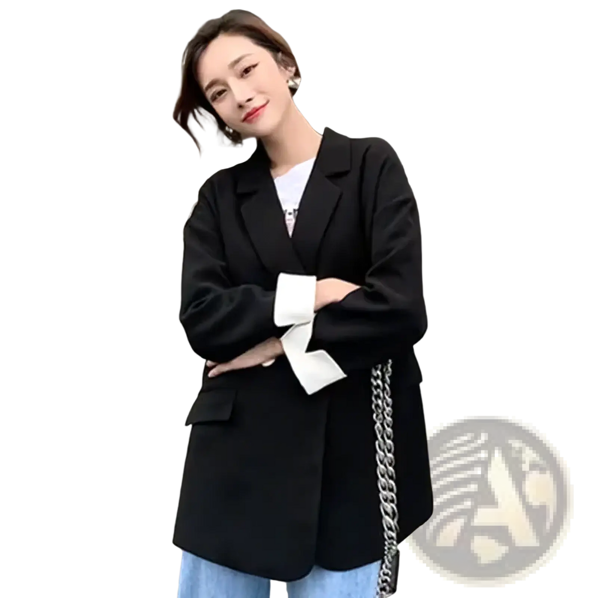 Black blazer with white ribbon cuffs and a silver chain strap featured in a pink blazer with white cuffs product