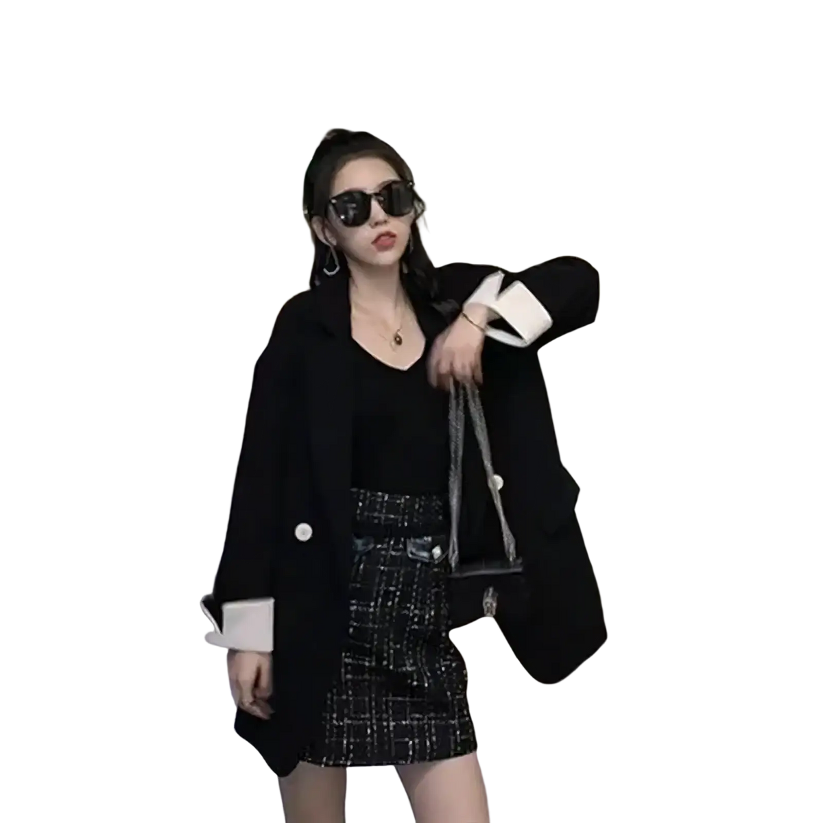 Black and silver chain strap mini bag with classic design featured with pink blazer with white cuffs