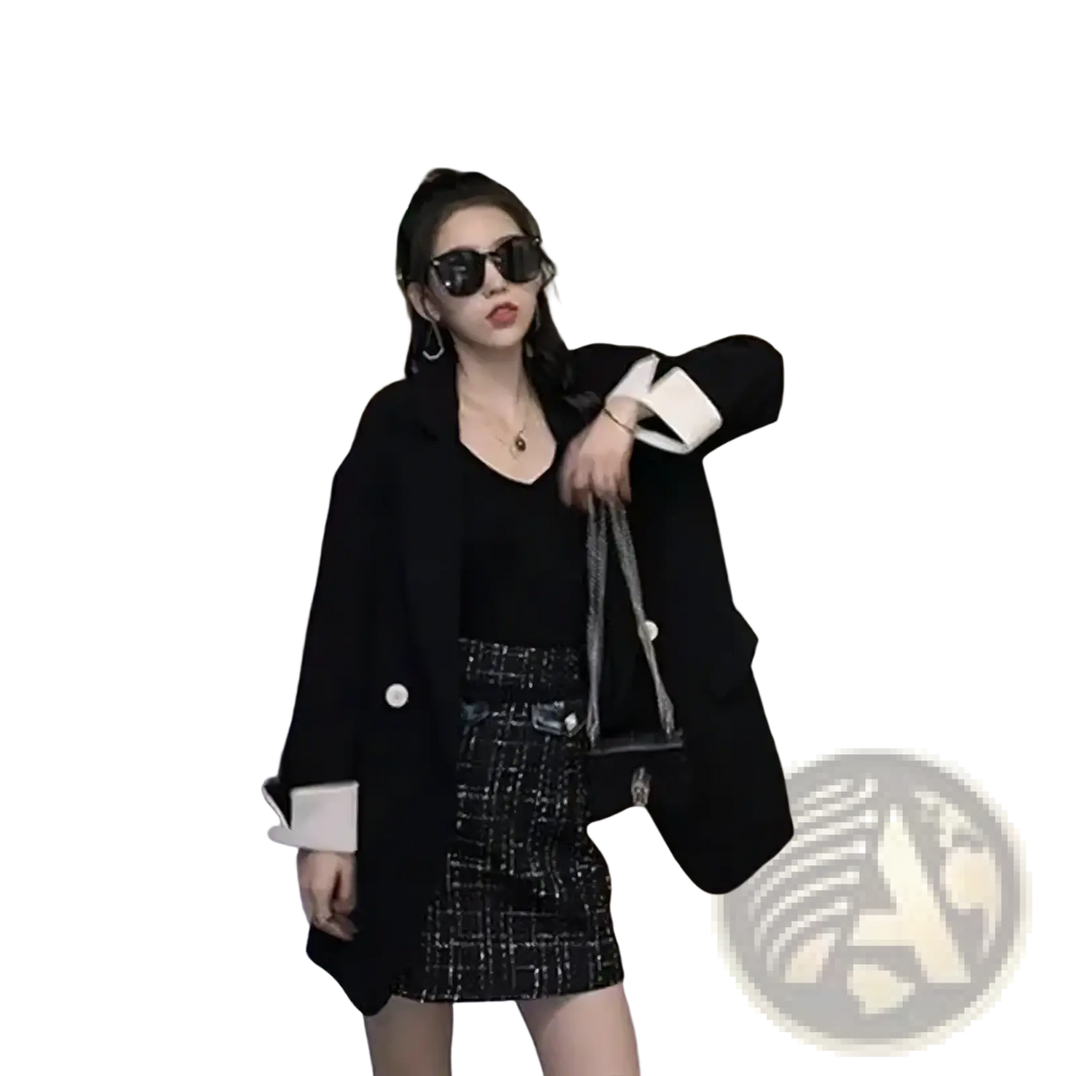 Black and silver chain strap mini bag with classic design featured with pink blazer with white cuffs