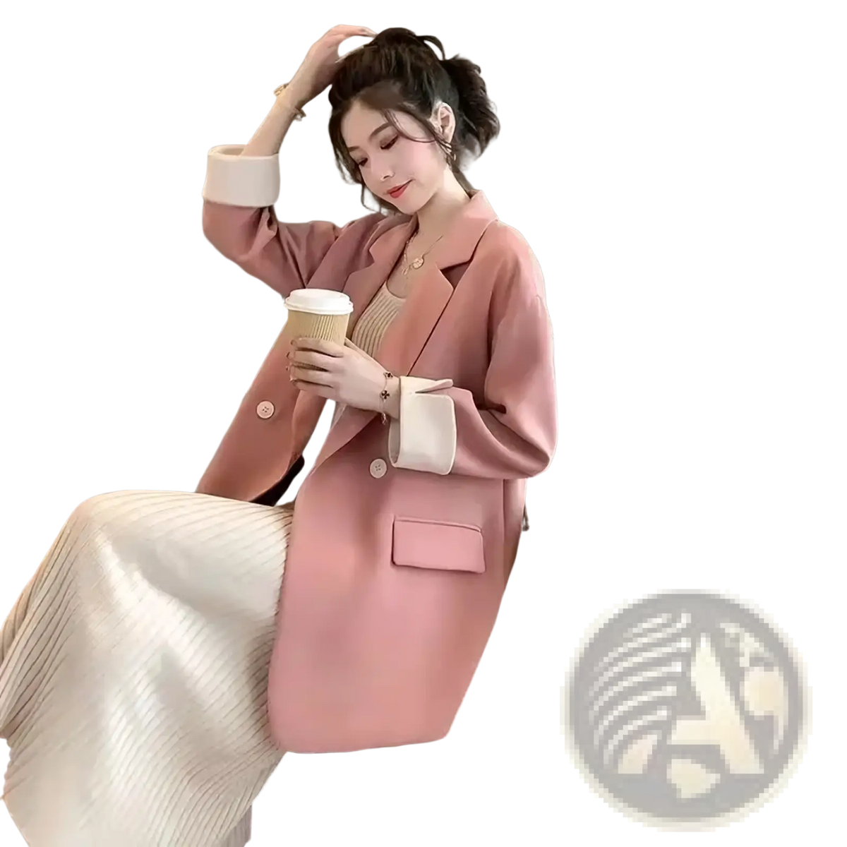 A soft pink blazer with white cuffs and matching buttons featuring a sleek tailored design
