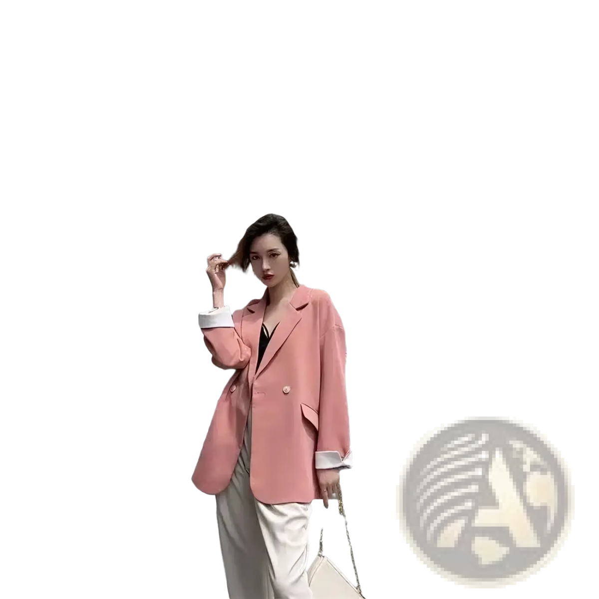 A soft pink double-breasted blazer with white cuffs ideal for formal or professional wear