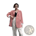Pink blazer with white cuffs and a single button closure made from smooth fabric for formal and casual wear
