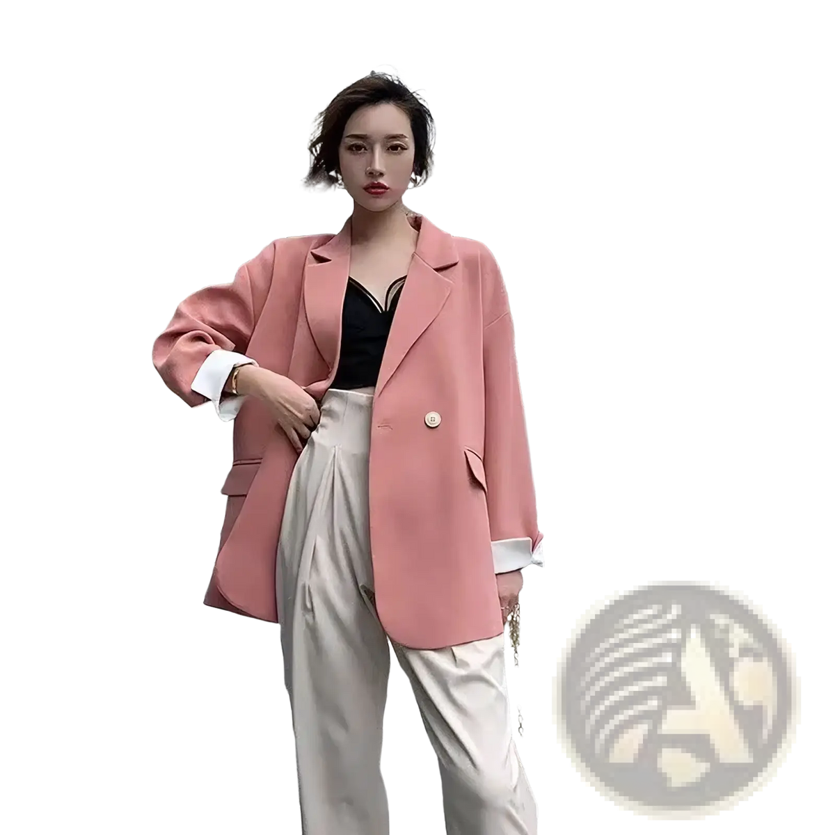 Pink blazer with white cuffs and a single button closure made from smooth fabric for formal and casual wear