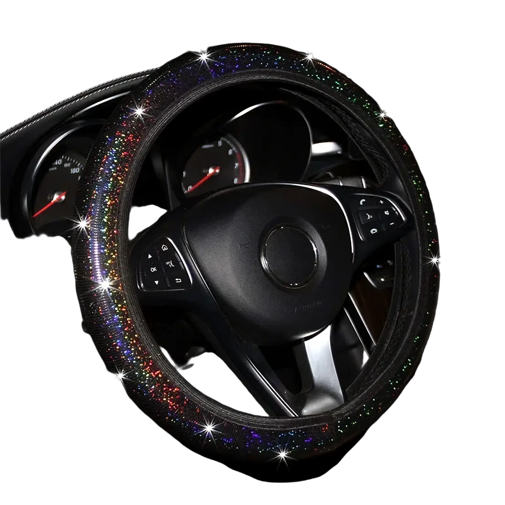 Black steering wheel cover adorned with sparkling rainbow glitter from the pink bling steering wheel cover set