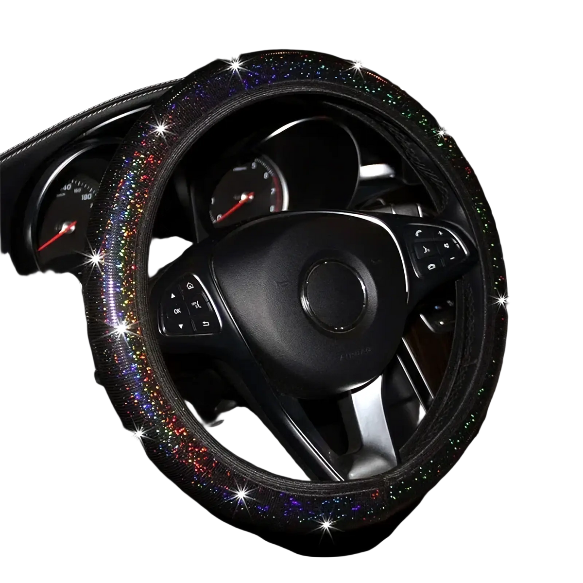 Black steering wheel cover adorned with sparkling rainbow glitter from the pink bling steering wheel cover set