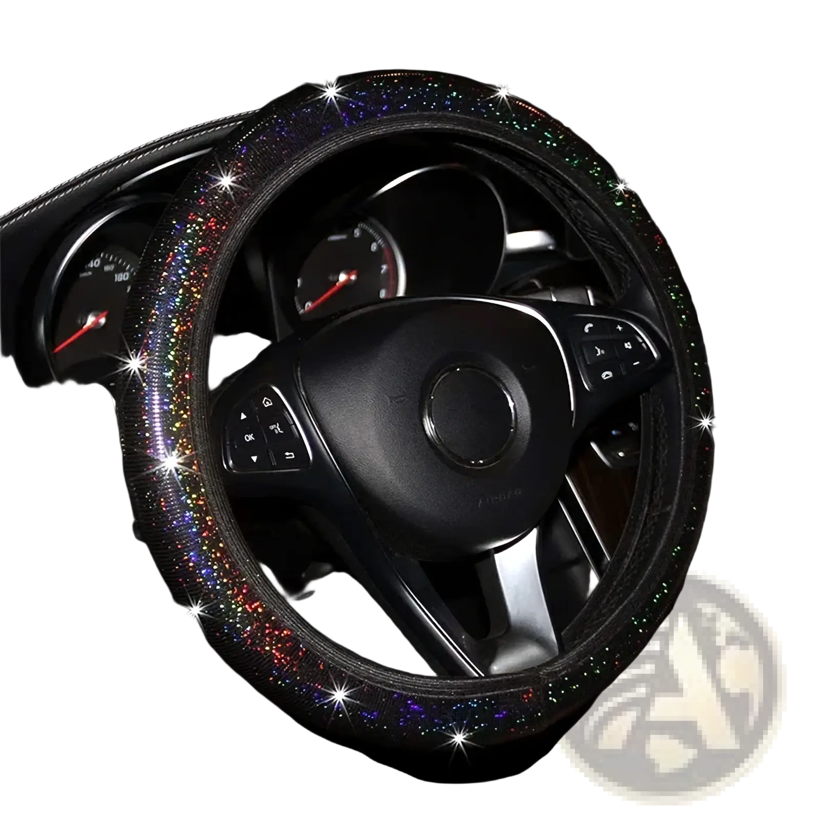 Black steering wheel cover adorned with sparkling rainbow glitter from the pink bling steering wheel cover set