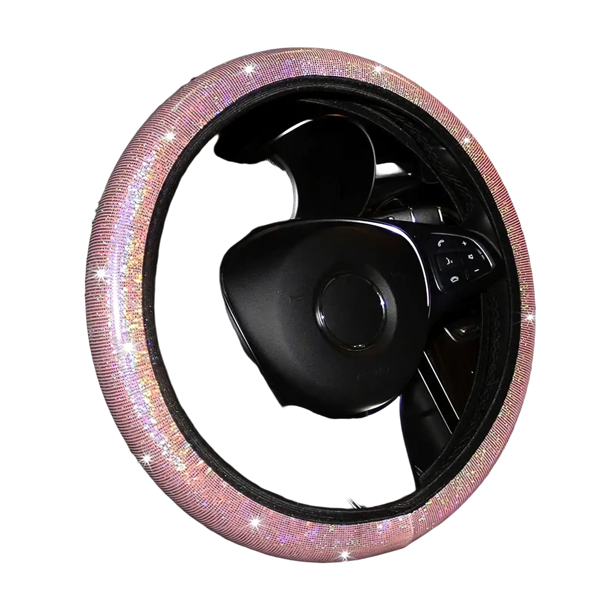 Pink bling steering wheel cover set featuring a pink glittery design with black inner lining for stylish grip