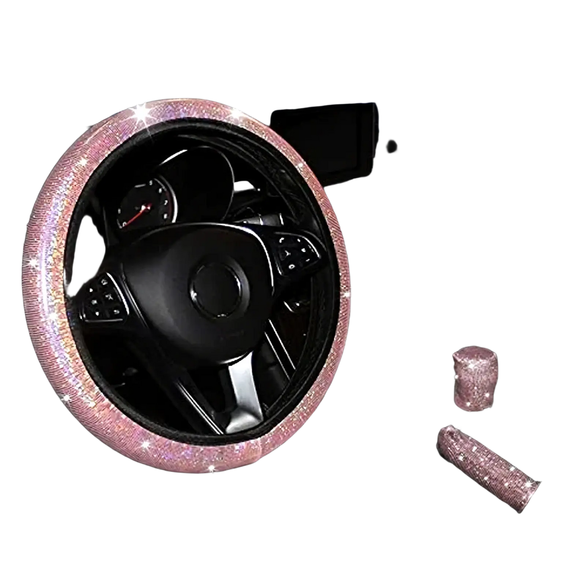Pink bling steering wheel cover set featuring a pink glittery steering wheel cover with matching gear shift knob and handbrake handle