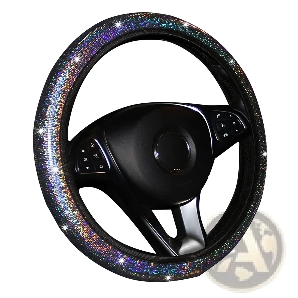 Pink bling steering wheel cover set featuring a sparkling iridescent glitter design for stylish car interiors