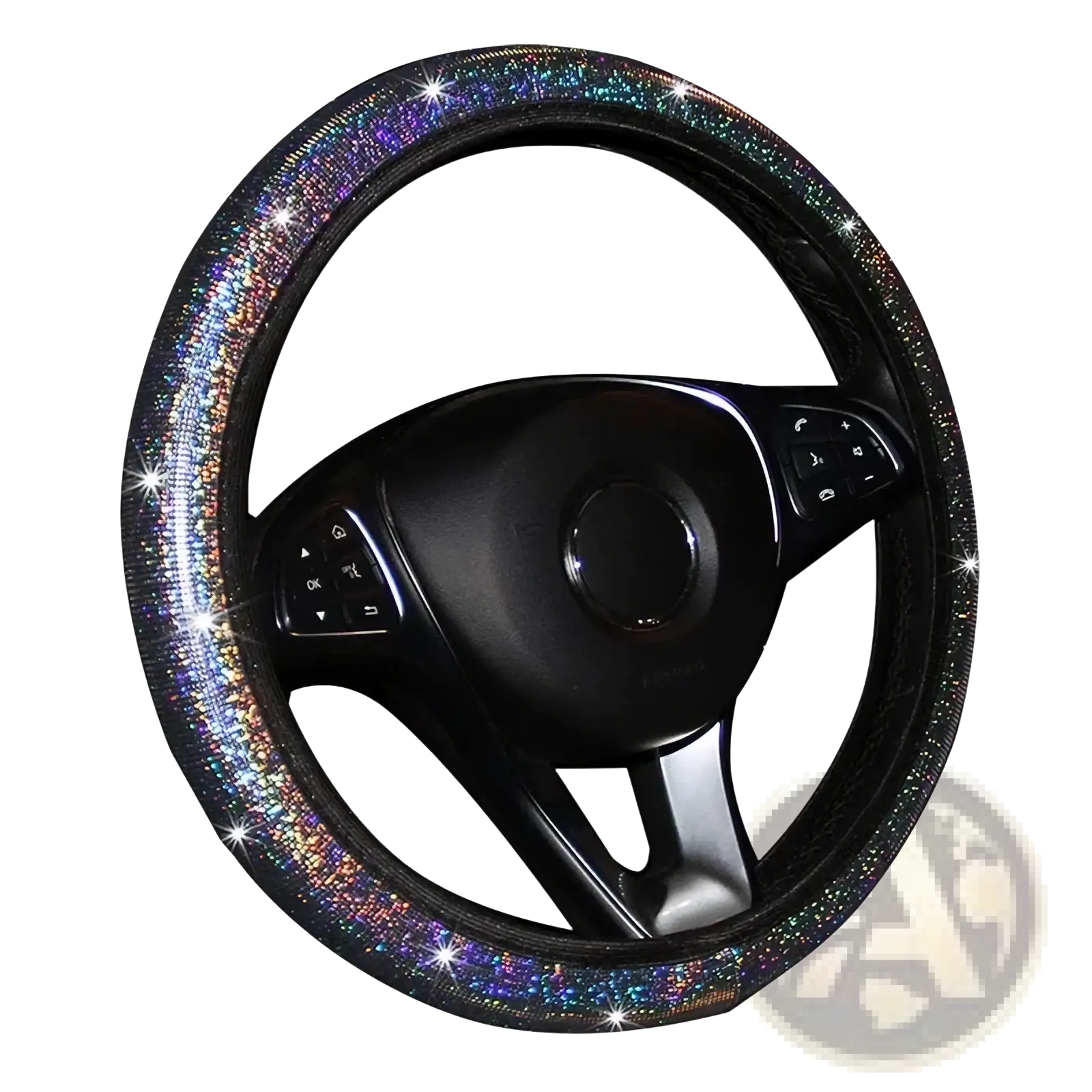 Pink bling steering wheel cover set featuring a sparkling iridescent glitter design for stylish car interiors
