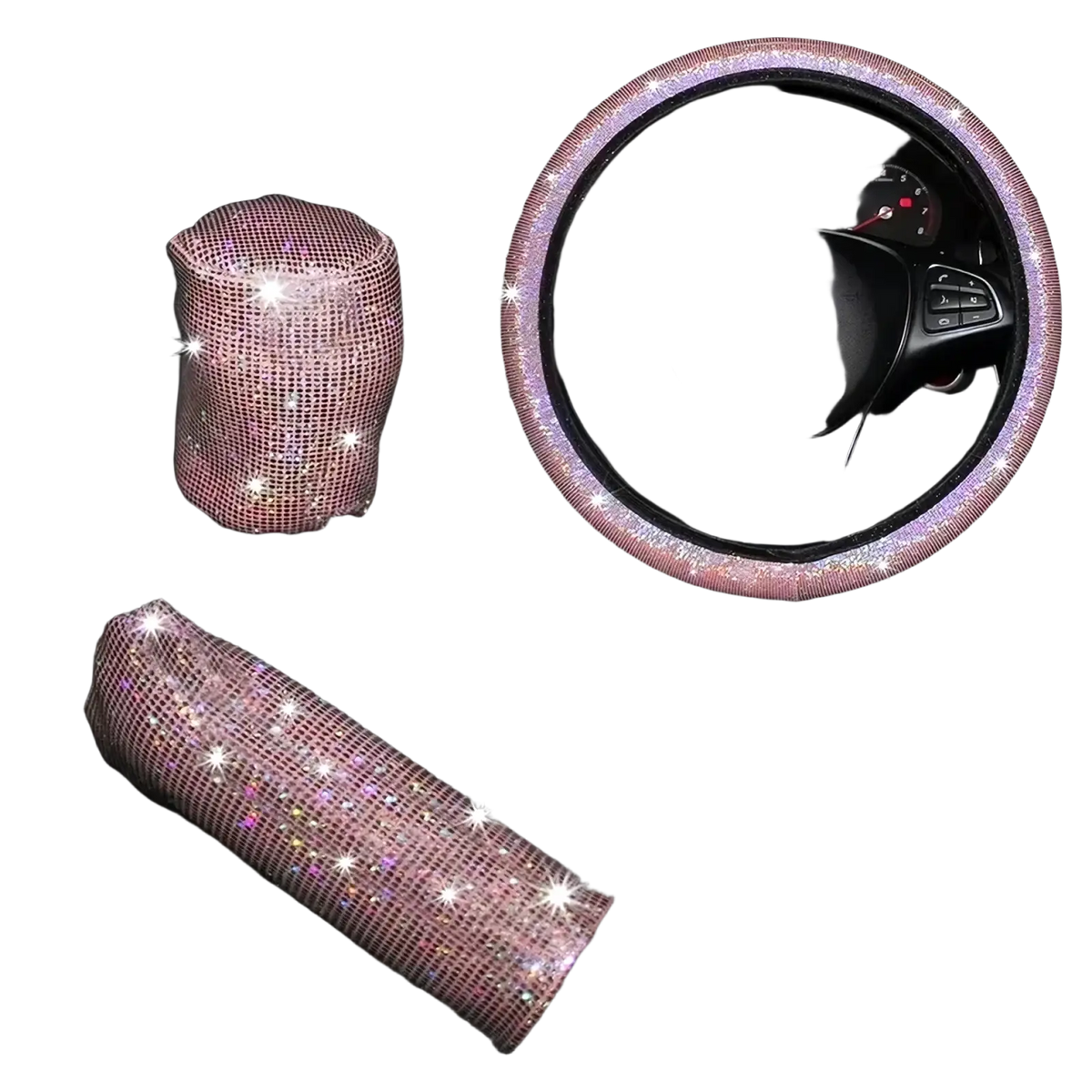 Pink bling steering wheel cover set featuring a pink rhinestone car interior accessory set including gear shift and handbrake covers