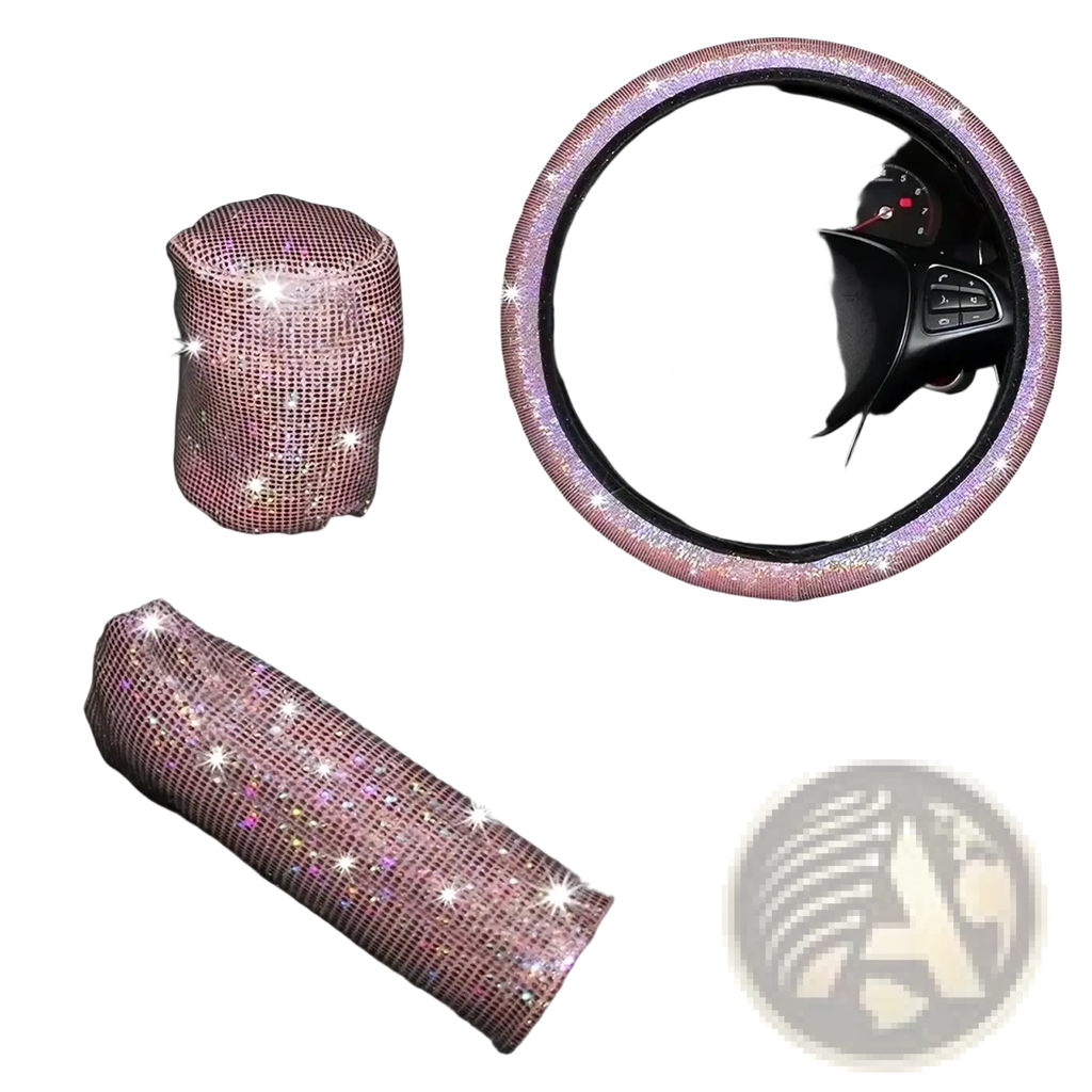 Pink bling steering wheel cover set featuring a pink rhinestone car interior accessory set including gear shift and handbrake covers