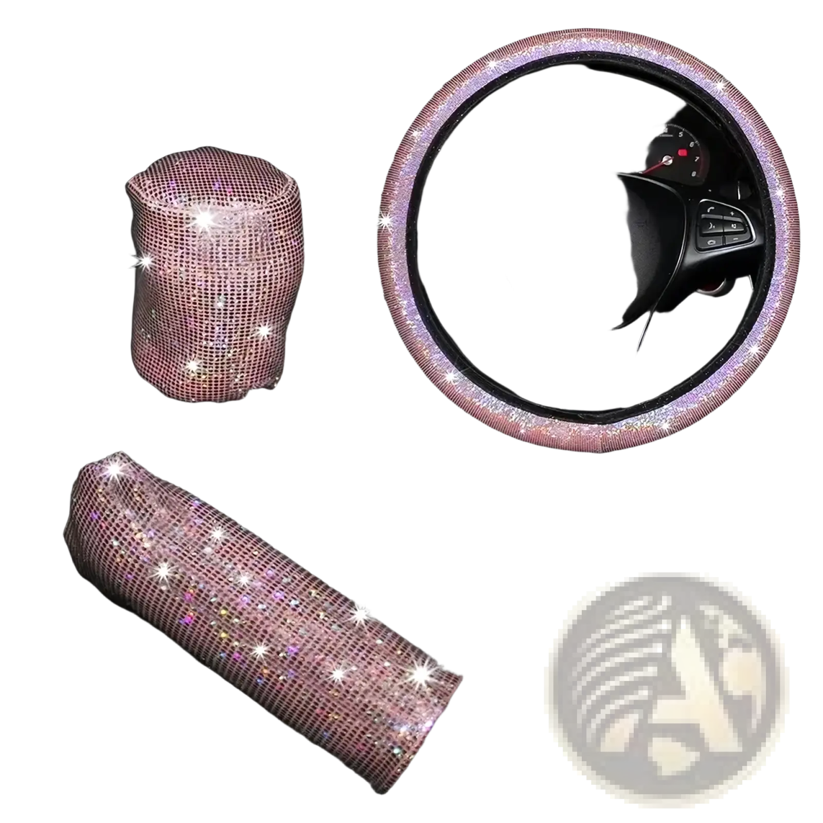 Pink bling steering wheel cover set featuring a pink rhinestone car interior accessory set including gear shift and handbrake covers