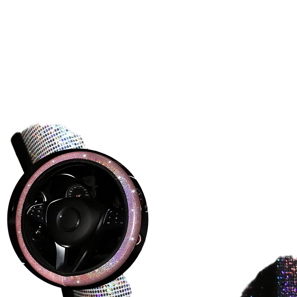 Pink bling steering wheel cover set featuring pink and silver glittery rhinestone embellishments for car interiors
