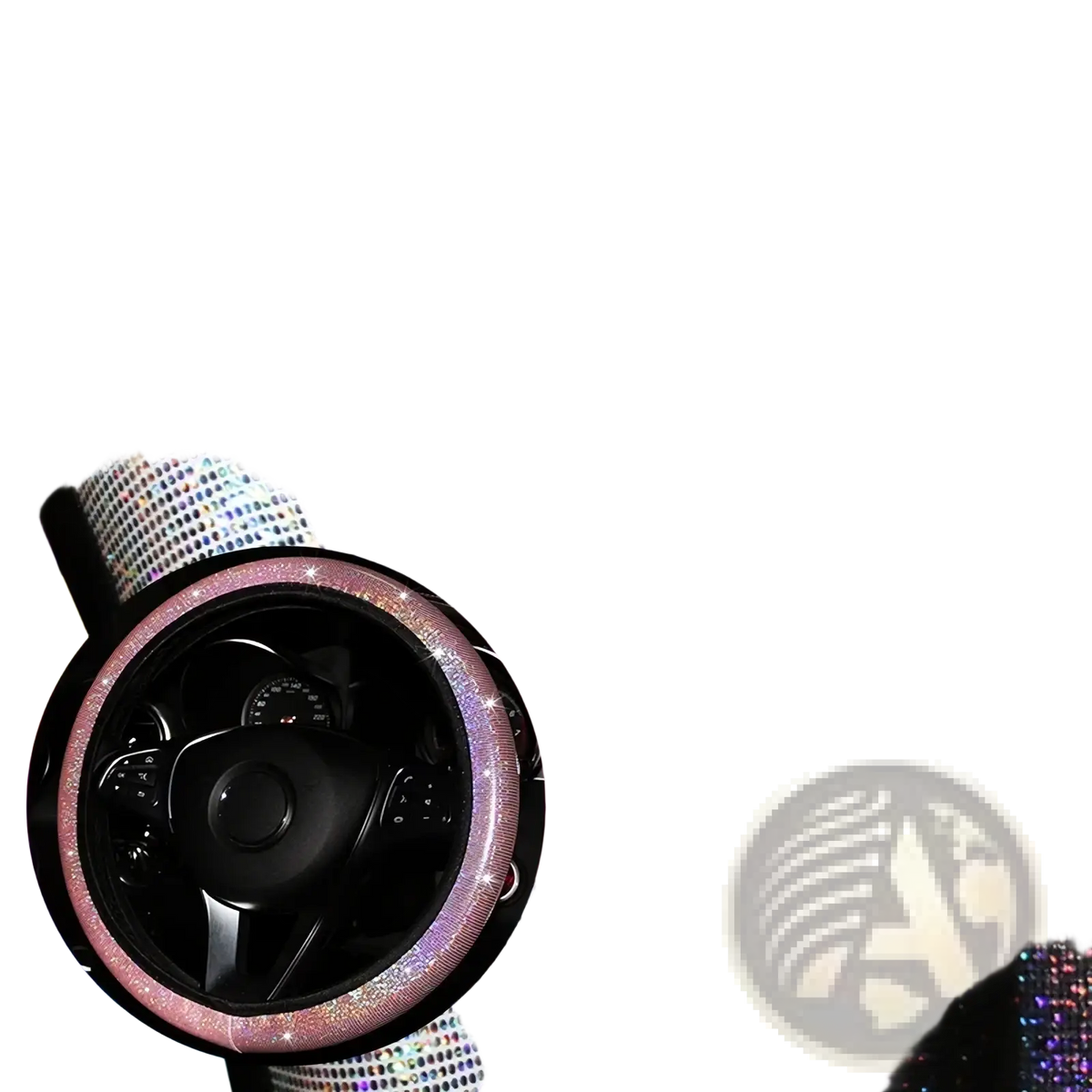 Pink bling steering wheel cover set featuring pink and silver glittery rhinestone embellishments for car interiors