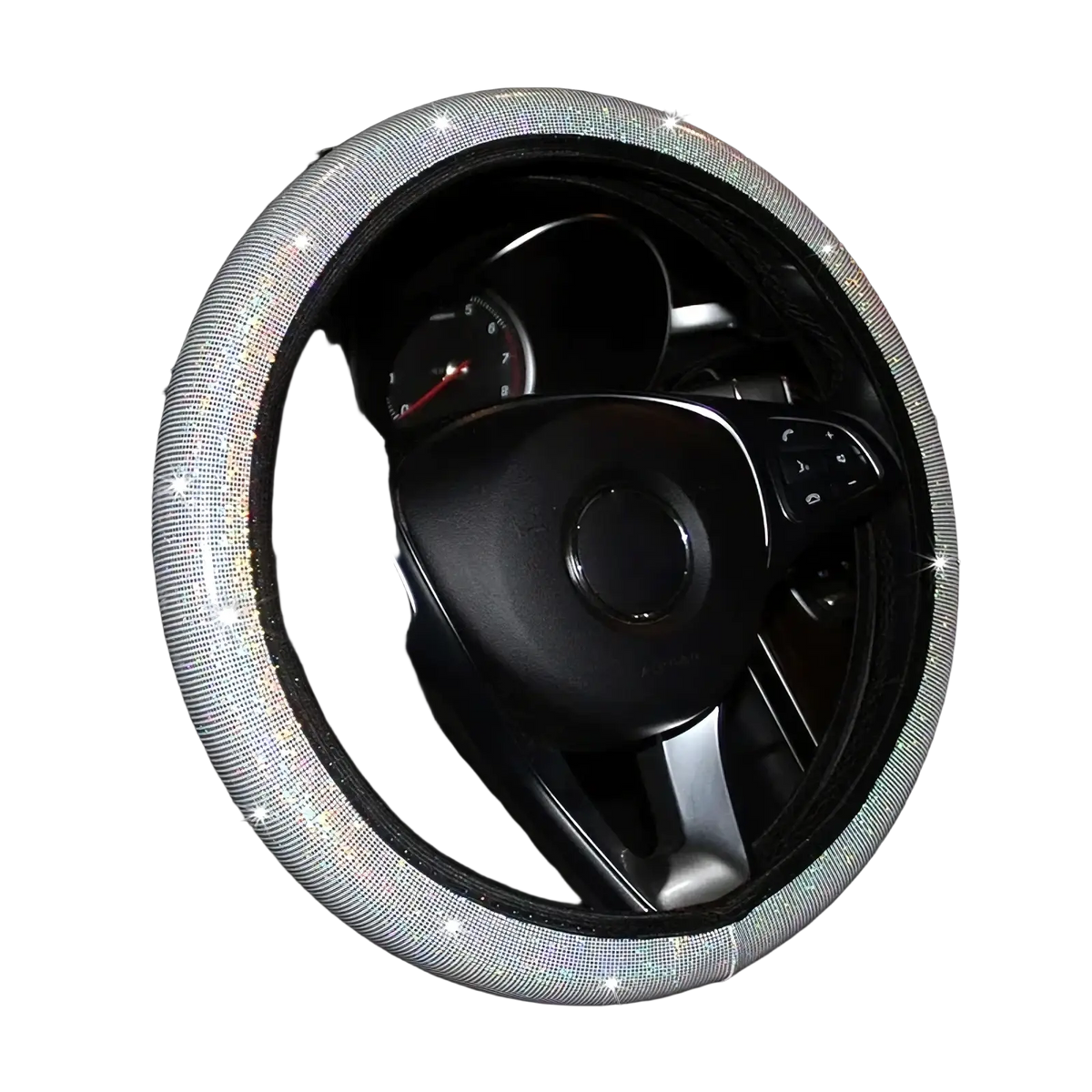 Sparkling silver rhinestone-covered steering wheel cover from pink bling set for stylish car interior enhancement