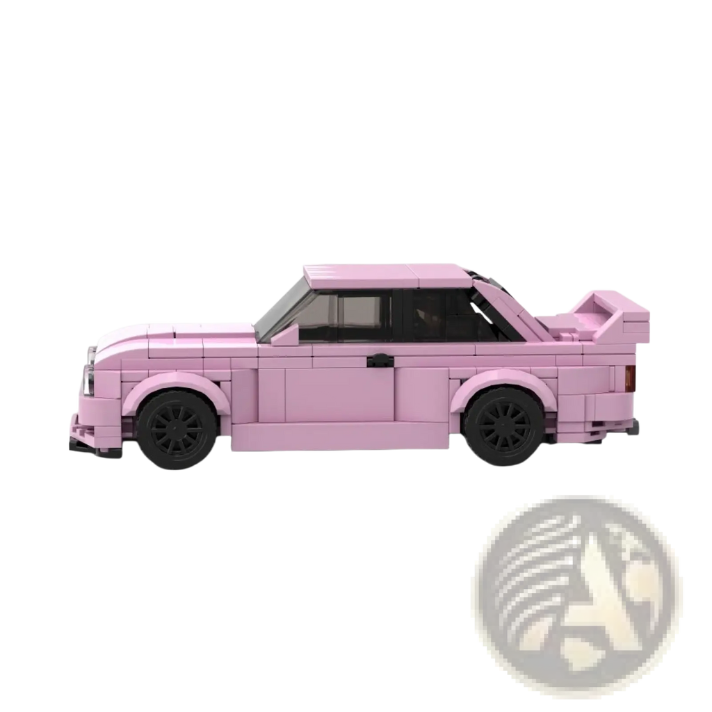 Pink BMW E30 M3 sports car built with 435pcs of pink lego blocks featuring sleek aerodynamic design and black wheels