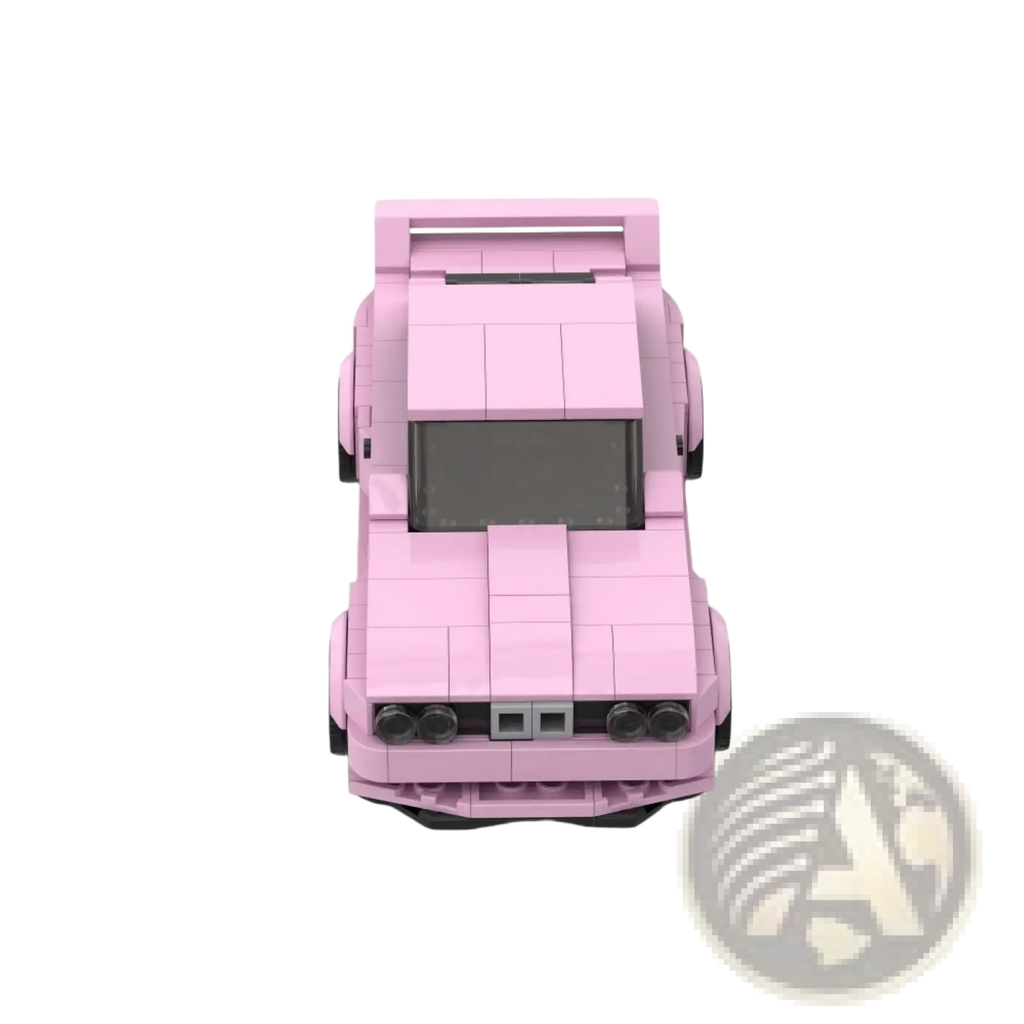 Pink bmw e30 m3 sports car building blocks 435pcs featuring a pink lego-built sleek aerodynamic design with black wheels
