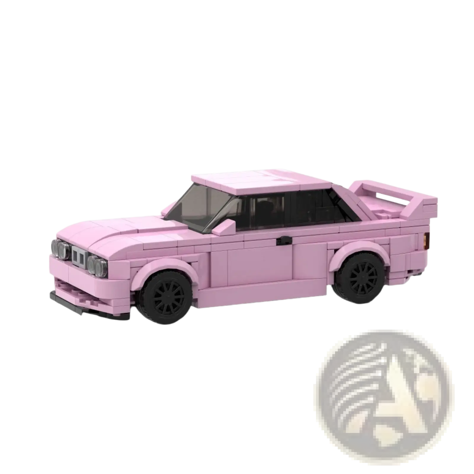 Pink bmw e30 m3 sports car model built with 435 lego blocks featuring black wheels and a rear spoiler shown from the back