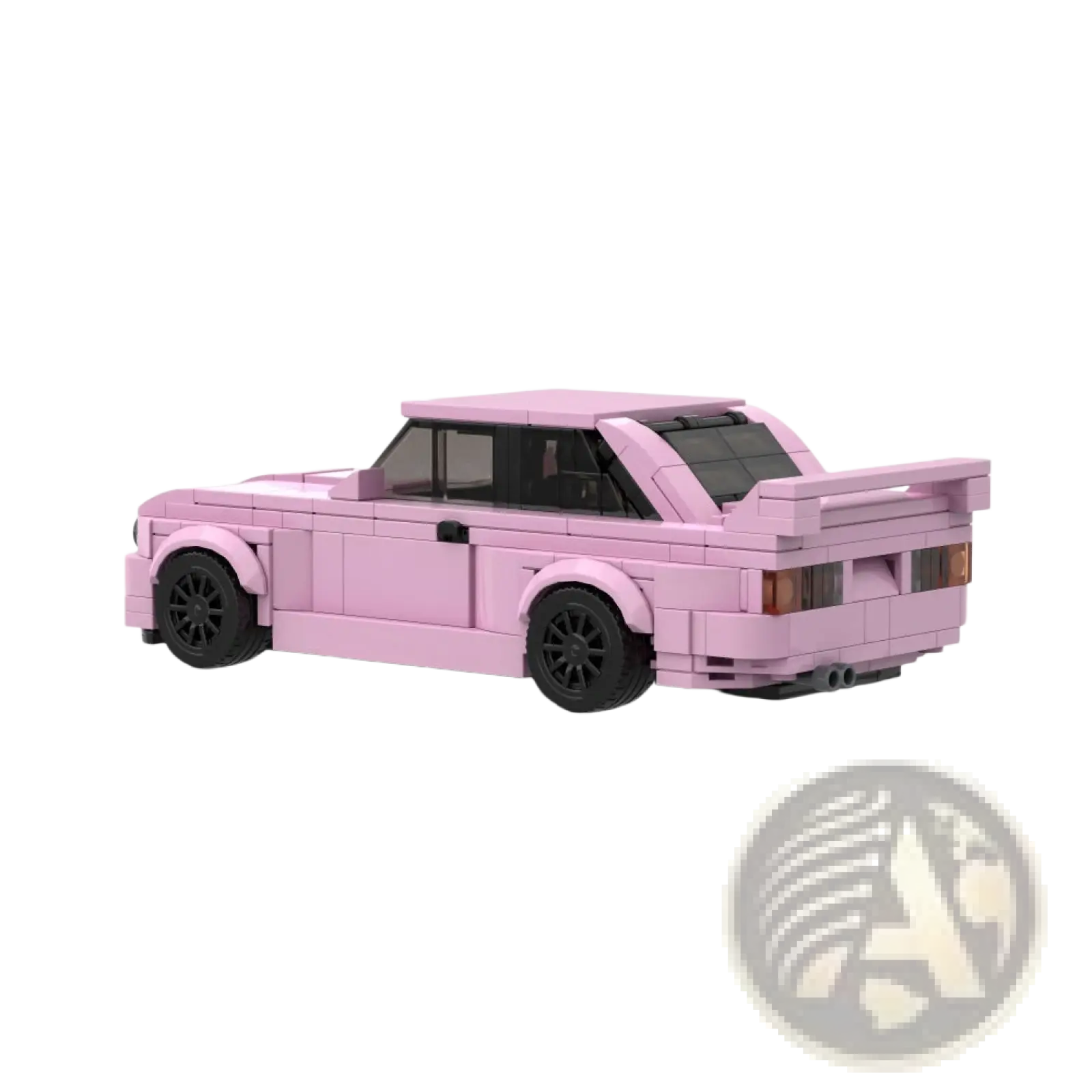 Pink bmw e30 m3 sports car built with 435 pink lego blocks featuring black wheels and a rear spoiler from the back side