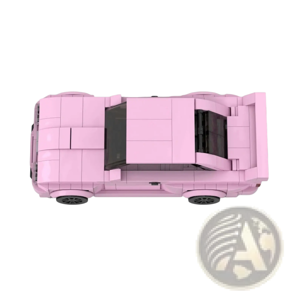 Pink BMW E30 M3 sports car building blocks model with black windows and wheels made of 435 pieces