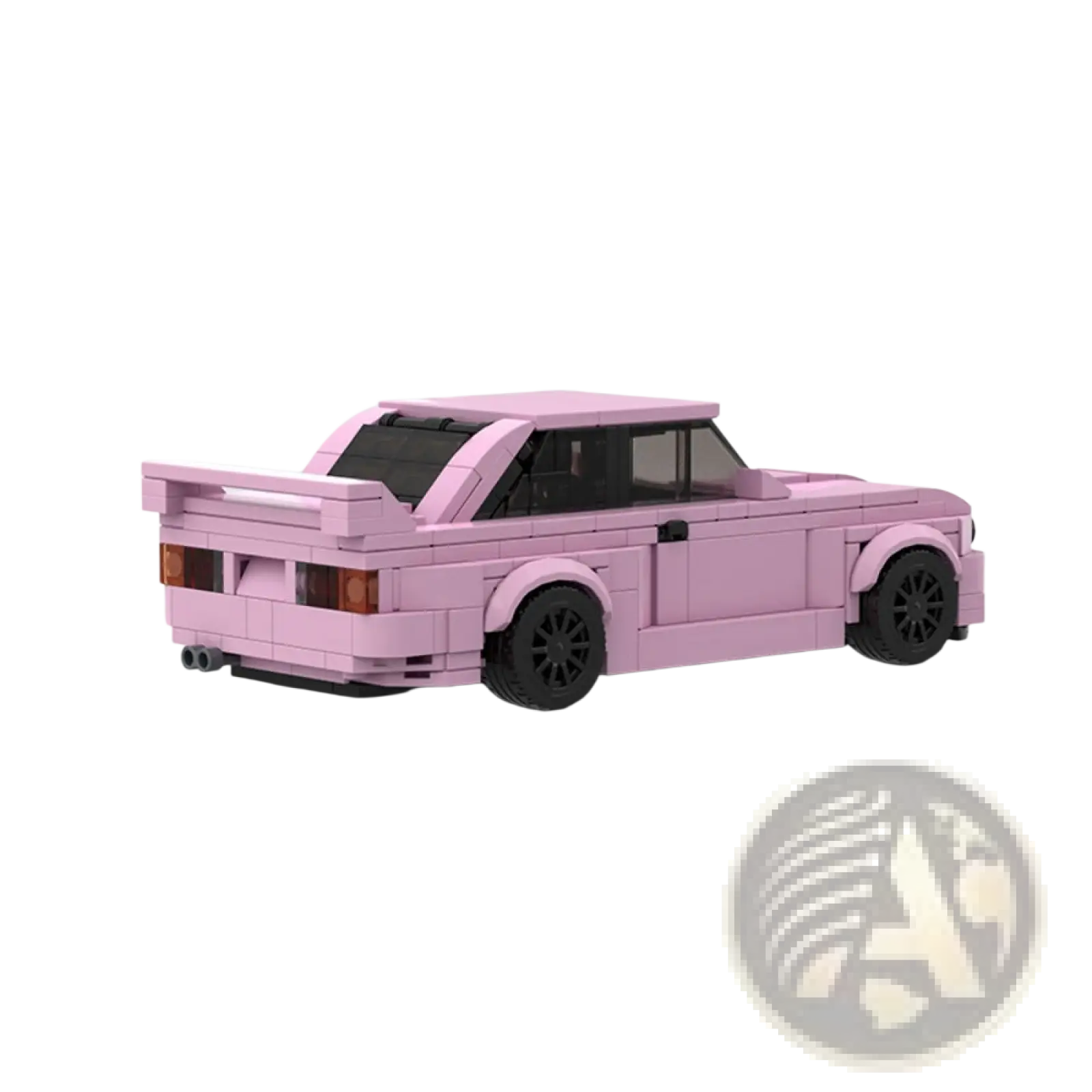 Pink bmw e30 m3 sports car building blocks showing the back side with black wheels and detailed taillights