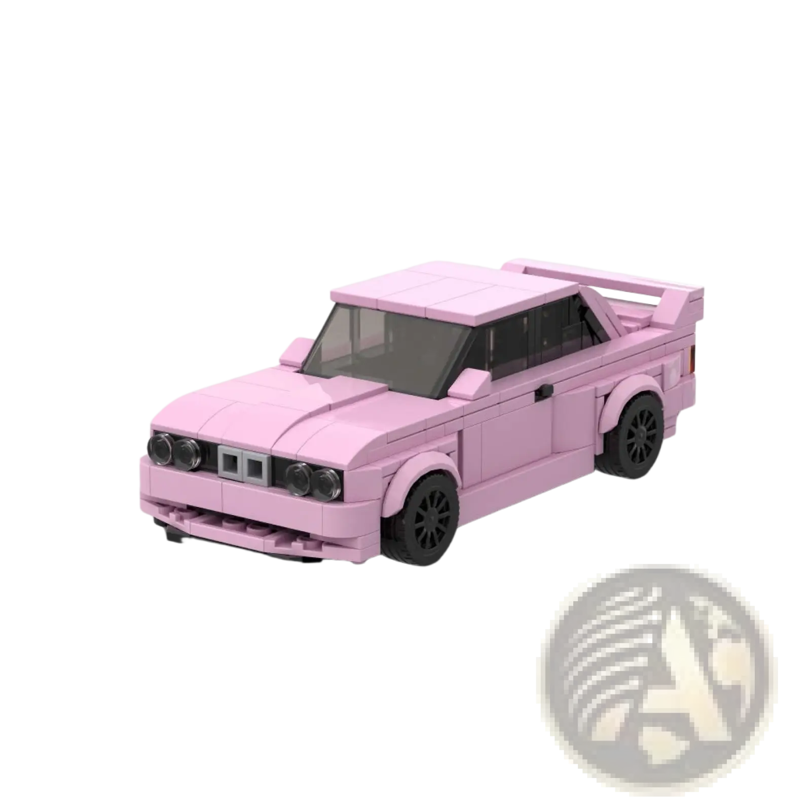 Pink bmw e30 m3 sports car building blocks with black wheels and rear spoiler made of 435pcs bricks shown from back