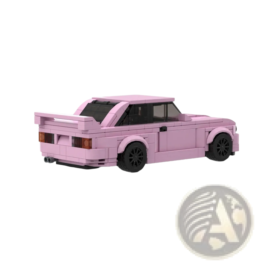 Pink bmw e30 m3 sports car building blocks made of 435pcs with black wheels and windows displayed from front side