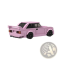 Pink bmw e30 m3 sports car building blocks made of 435pcs with black wheels and windows displayed from front side