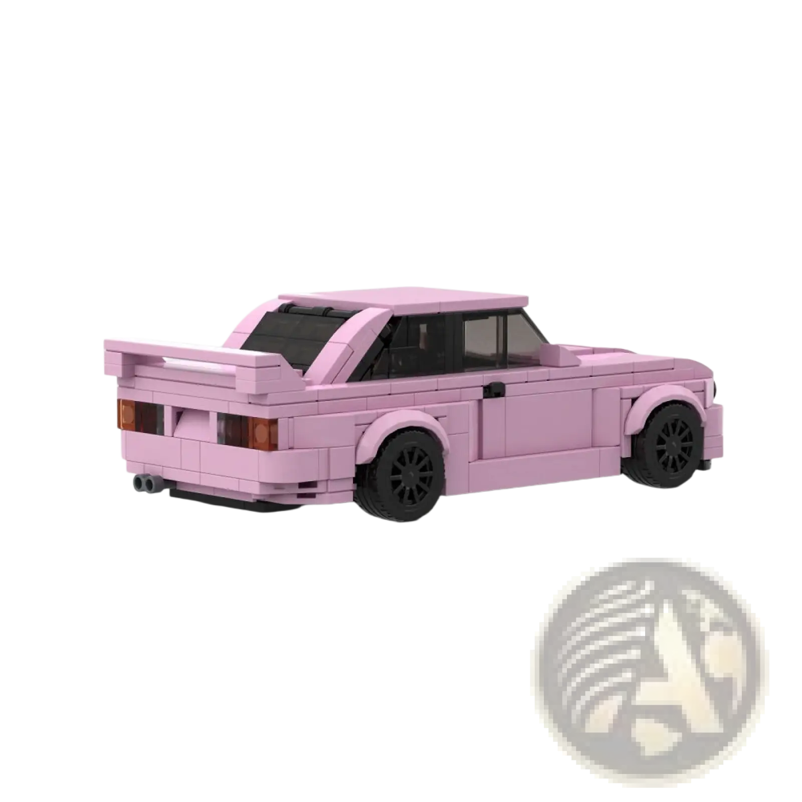 Pink bmw e30 m3 sports car building blocks made of 435pcs with black wheels and windows displayed from front side