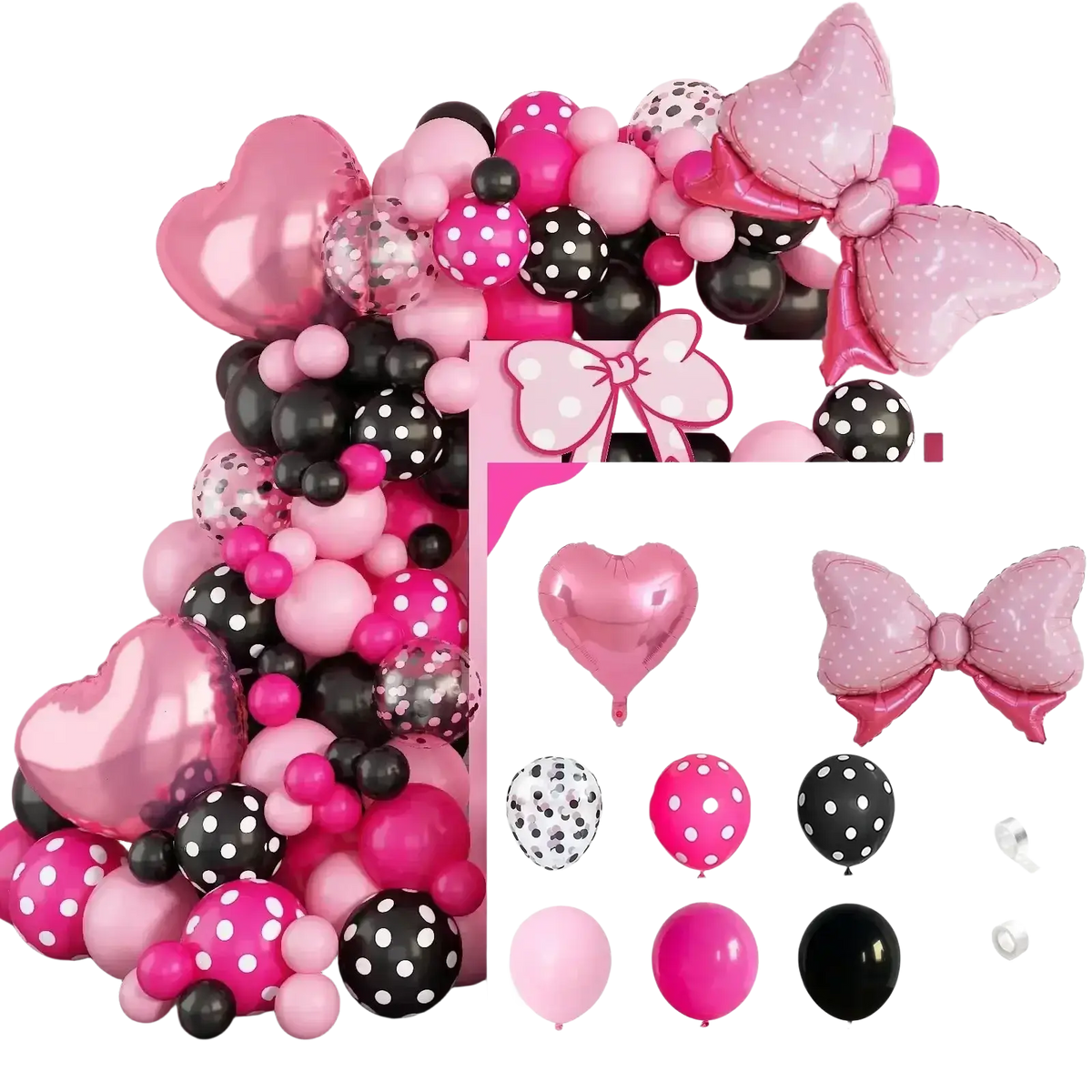 A festive pink bow balloon arch kit featuring shiny pink black and white polka-dotted balloons with heart and bow designs