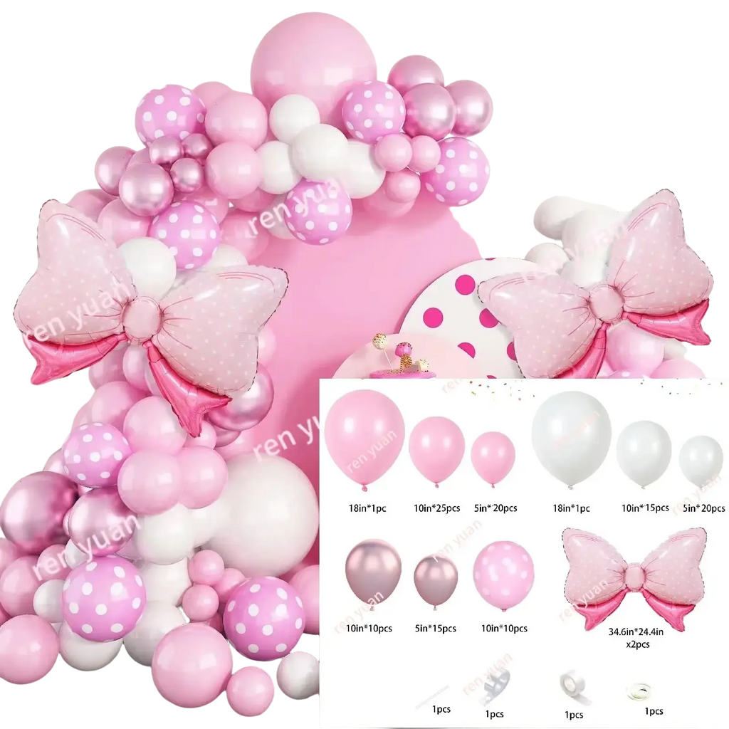 Pink bow balloon arch kit featuring pink and white polka-dotted balloons with metallic rose gold accents for party decoration