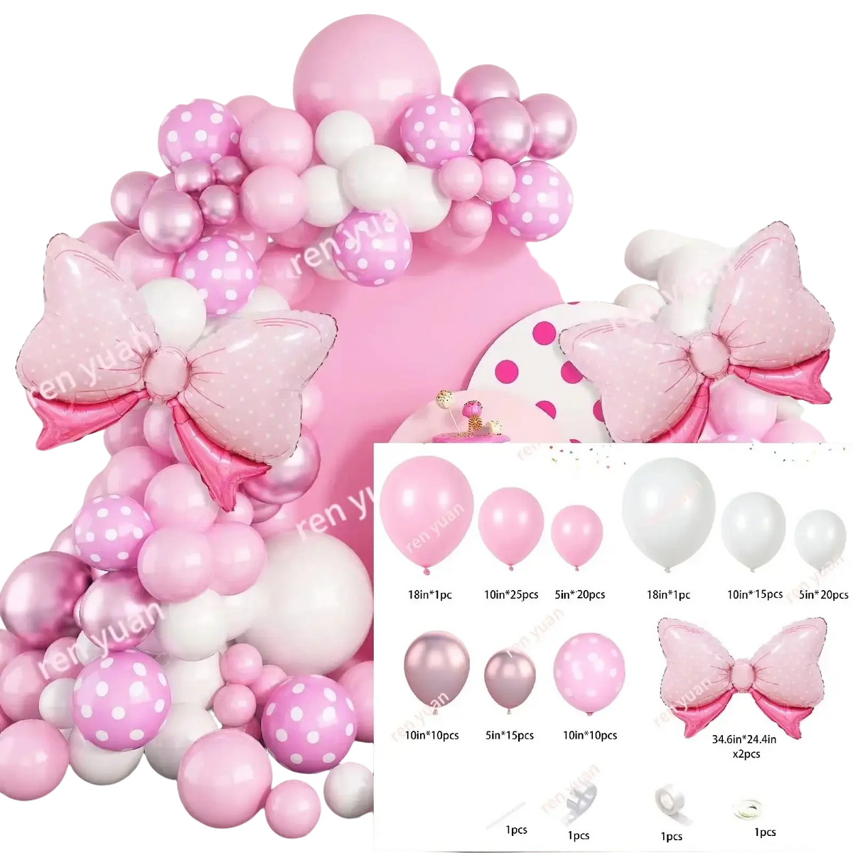 Pink bow balloon arch kit featuring pink and white polka-dotted balloons with metallic rose gold accents for party decoration