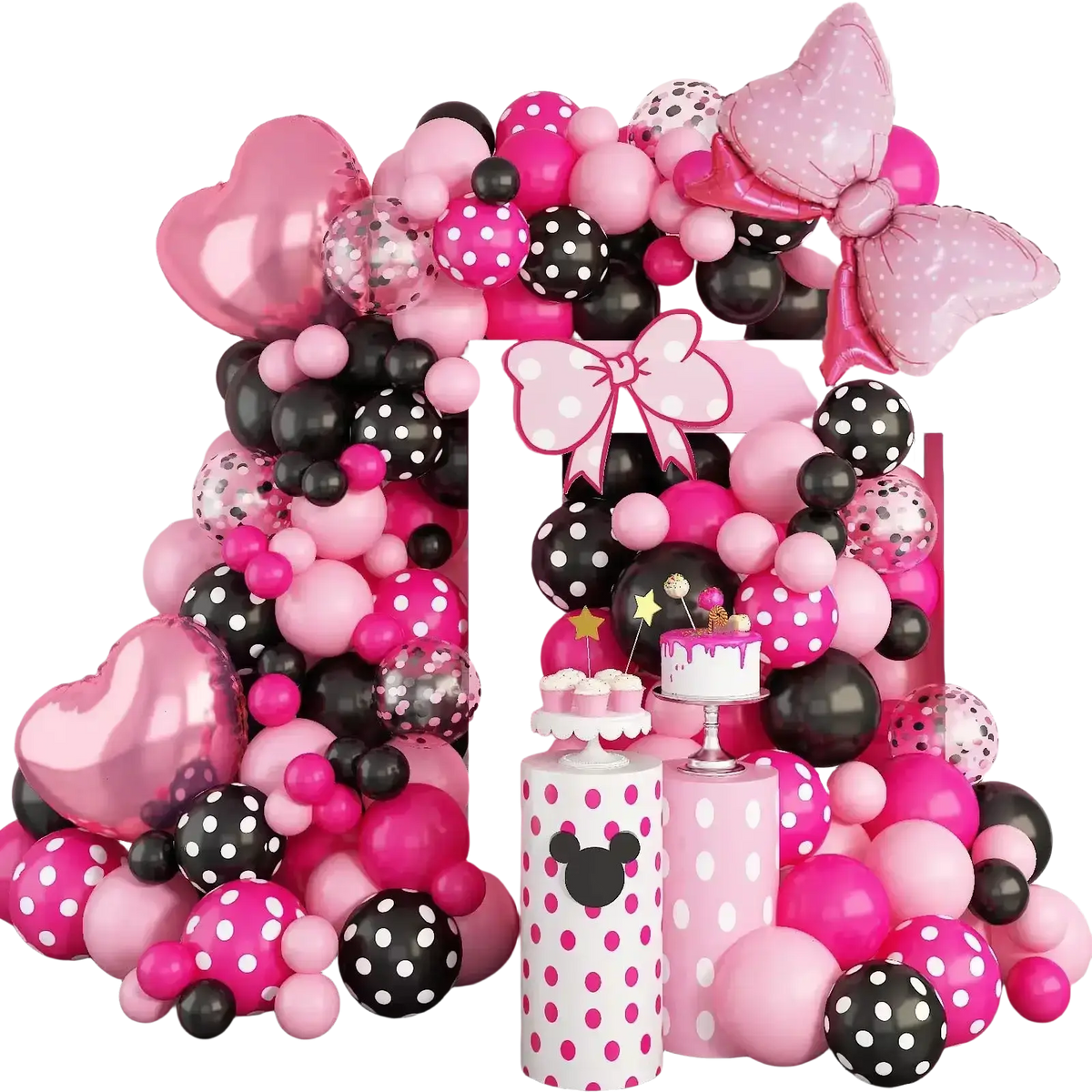 A vibrant pink and black polka-dotted balloon arch kit with heart-shaped balloons and Minnie Mouse decorations