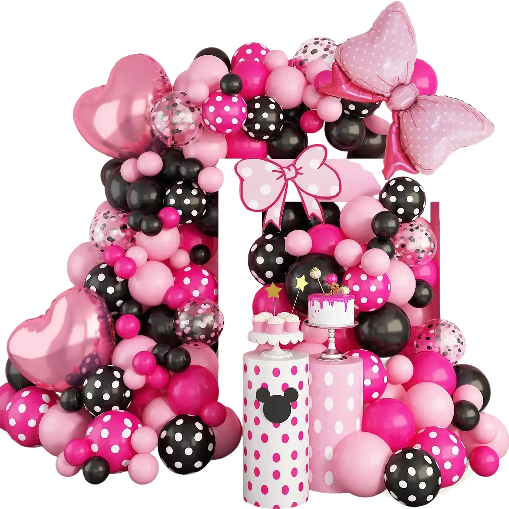 A vibrant pink and black polka-dotted balloon arch kit with heart-shaped and bow decorations for party decoration