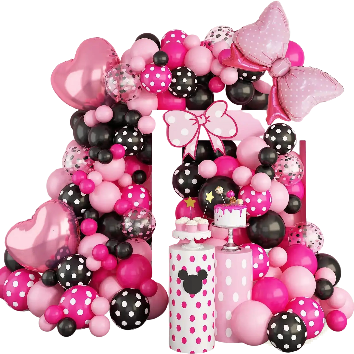 A vibrant pink and black polka-dotted balloon arch kit with heart-shaped and bow decorations for party decoration