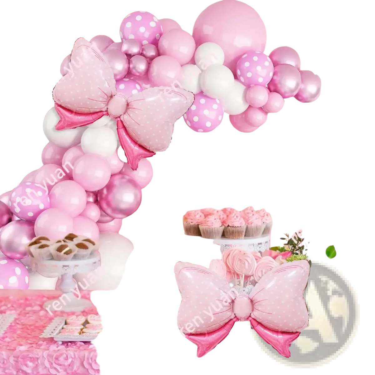 Pink bow balloon arch kit with pink and white polka-dot balloons and a large bow centerpiece for party decoration