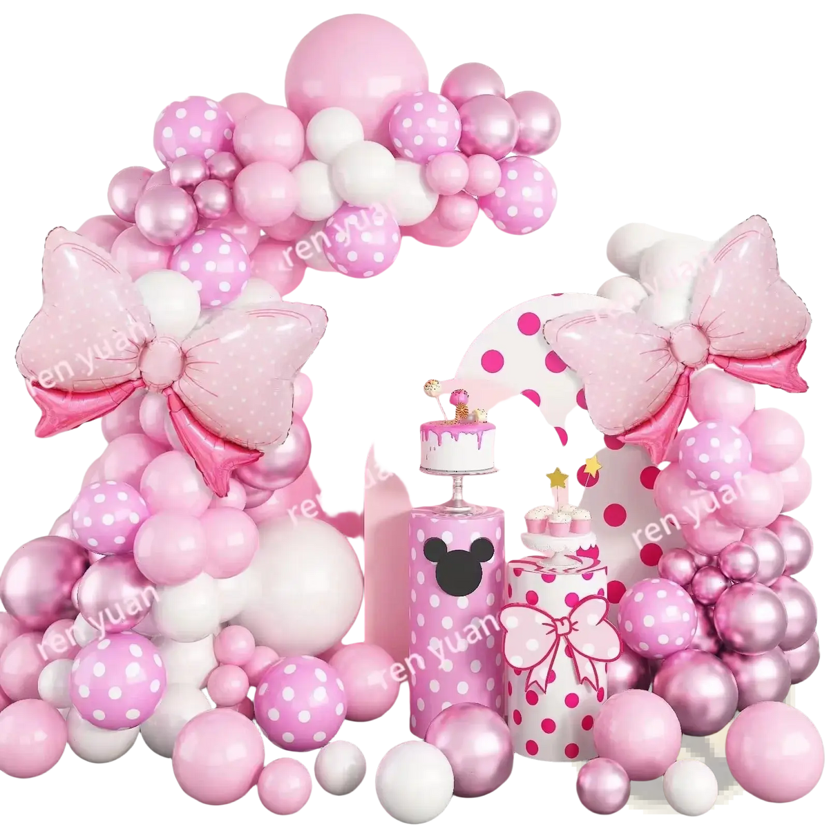 Pink bow balloon arch kit featuring pink and white polka-dotted balloons with shiny metallic accents for party decoration
