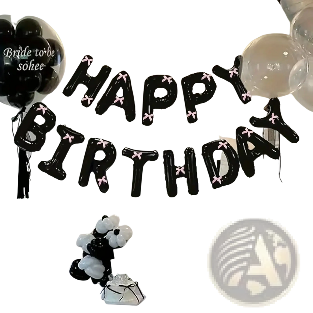 Black happy birthday balloon banner with pink bow accents for party decoration set