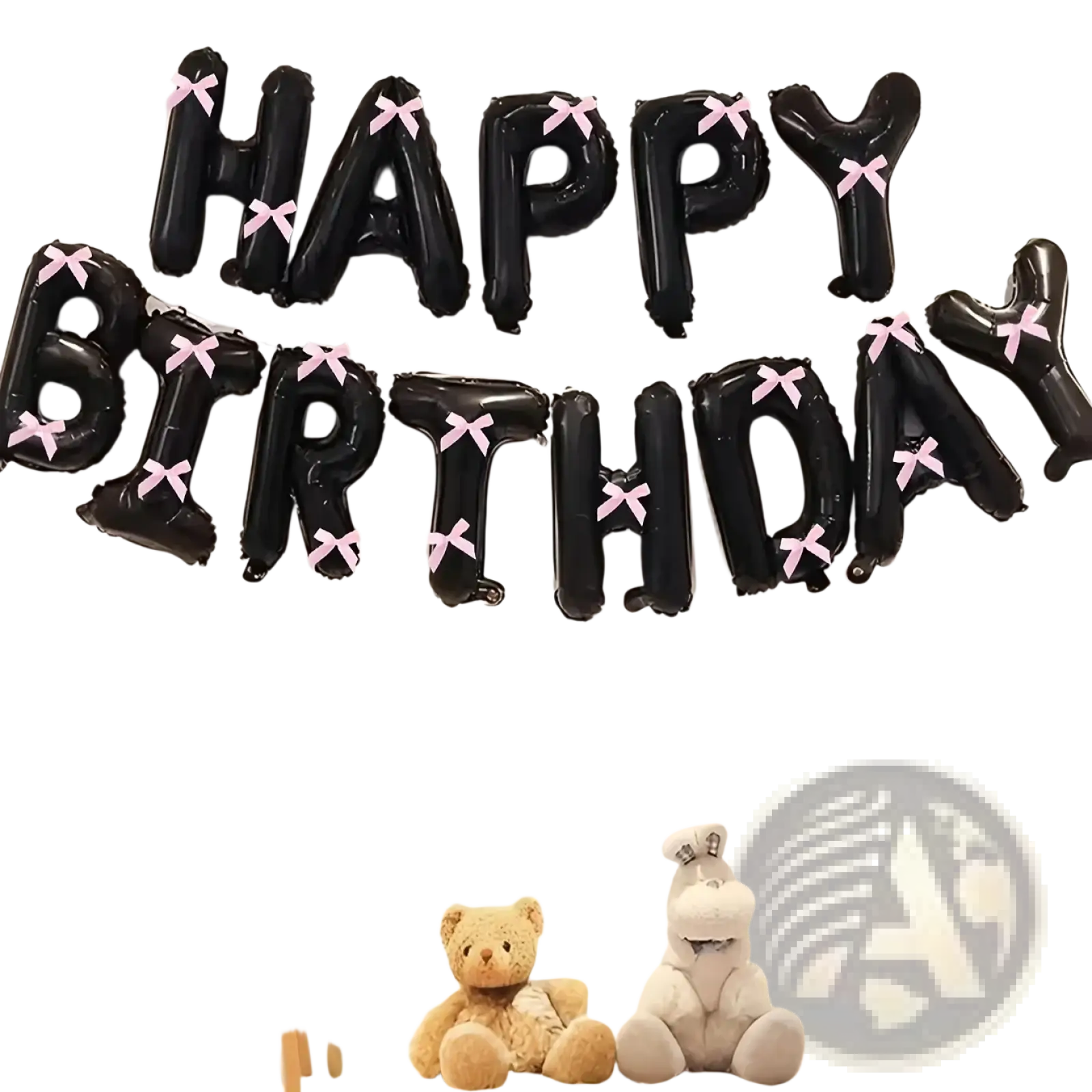Black foil balloon letters spelling happy birthday with small pink bows for party decoration set