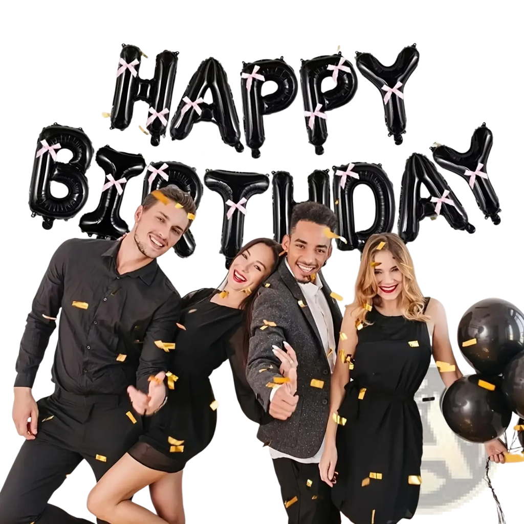 Black inflatable balloon letters spelling happy birthday with pink ribbon bows for party decoration set