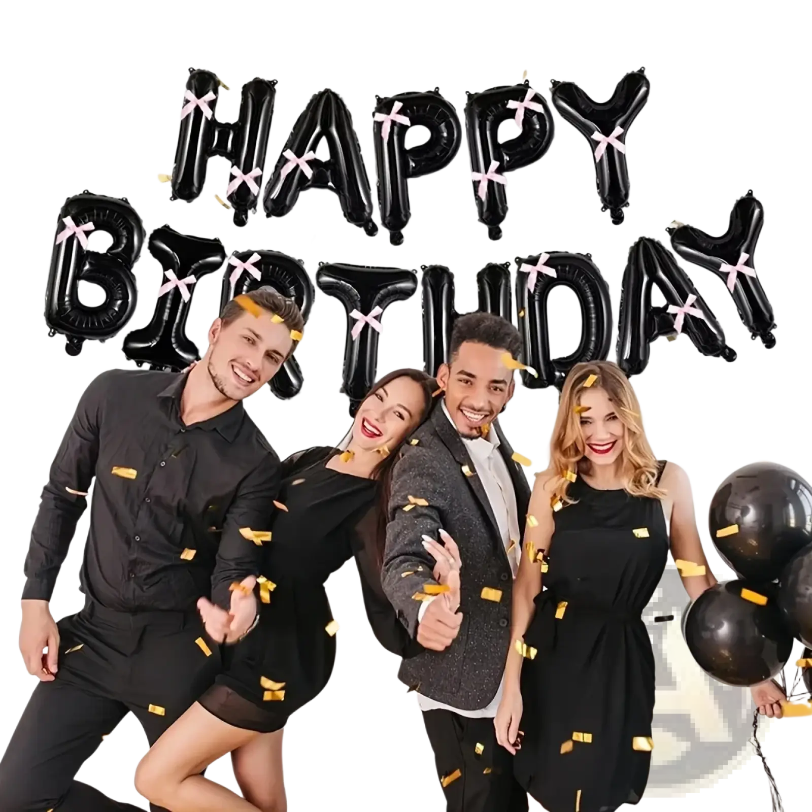 Black inflatable balloon letters spelling happy birthday with pink ribbon bows for party decoration set