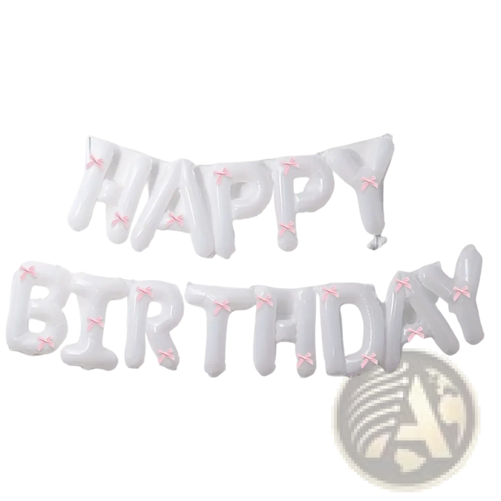 White inflatable happy birthday balloon banner with pink bows on each letter for party decoration